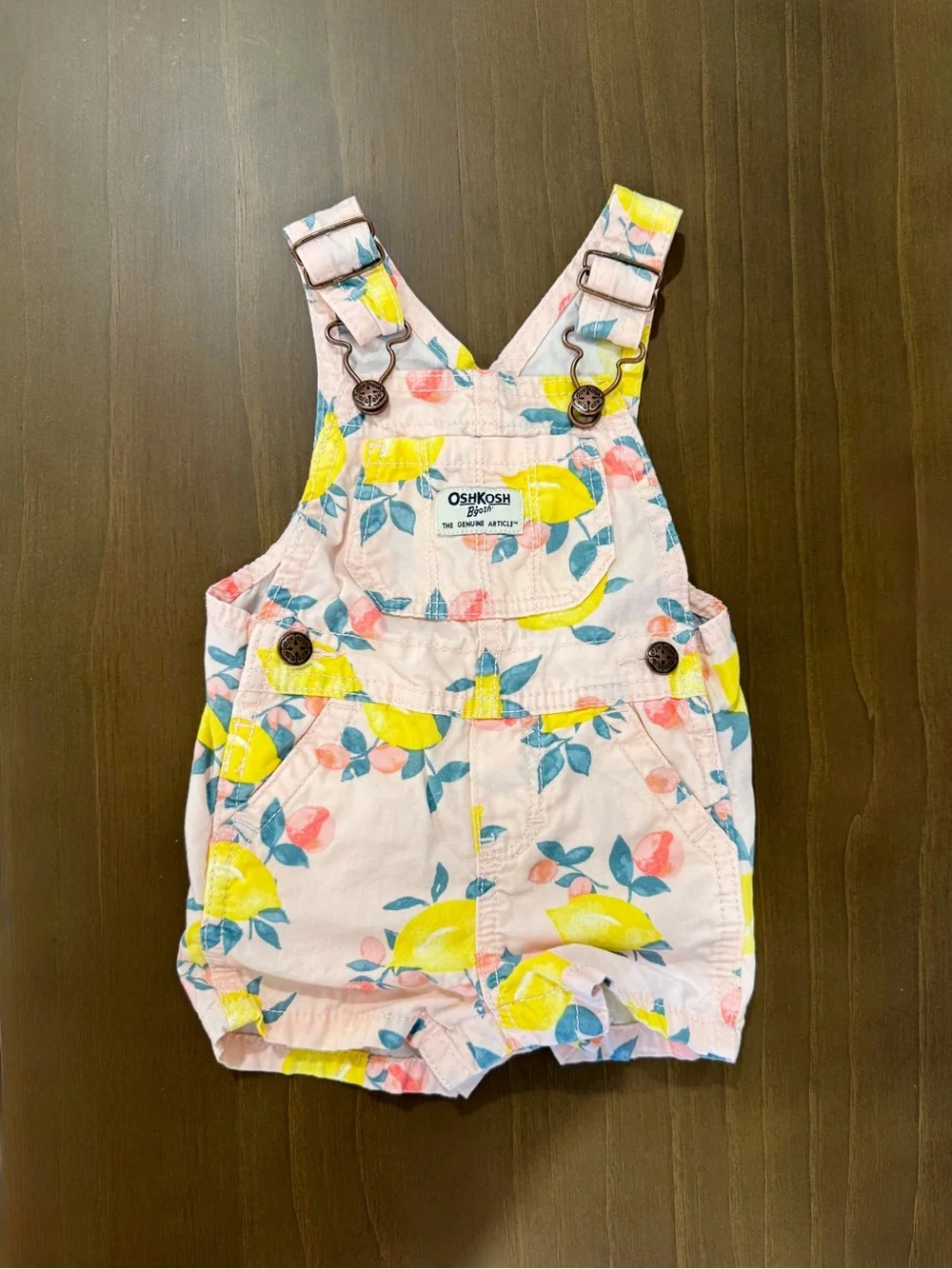 OshKosh B'gosh Baby Girl 6M Pink Floral Lemon 100% Cotton Shortalls Adjustable